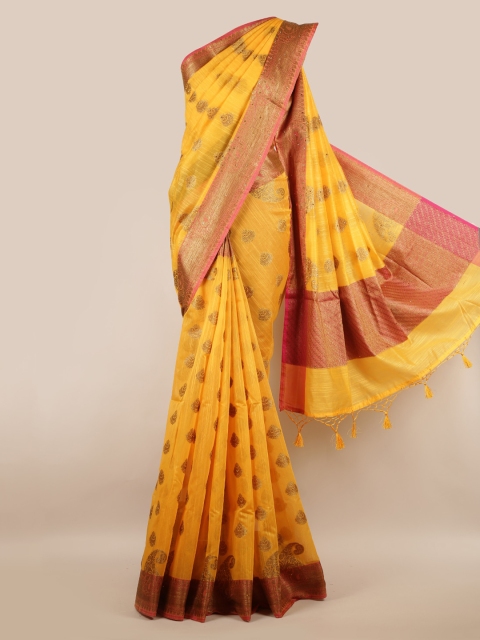 

Pothys Yellow & Gold-Toned Cotton Blend Woven Design Saree