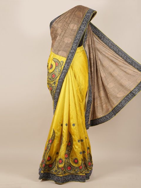 

Pothys Yellow Embroidered Poly Georgette Saree