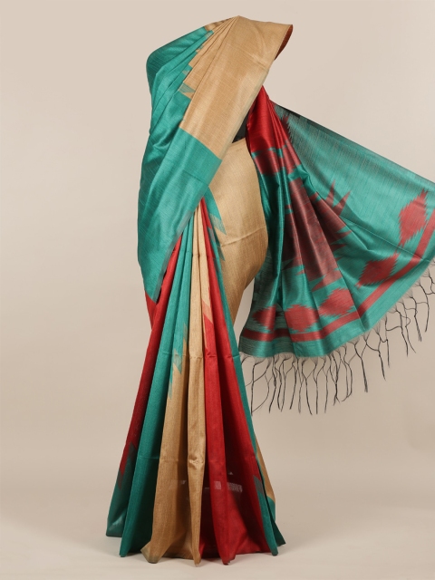 

Pothys Beige & Teal Jute Silk Colourblocked Saree