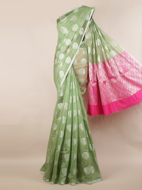 

Pothys Green & Silver-Toned Cotton Blend Woven Design Saree With Zari Border