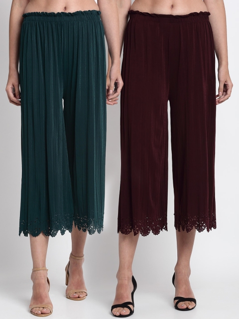 

NEUDIS Women Green & Burgundy Hem Design Straight Palazzos