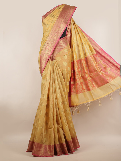 

Pothys Yellow & Gold-Toned Cotton Blend Woven Design Saree