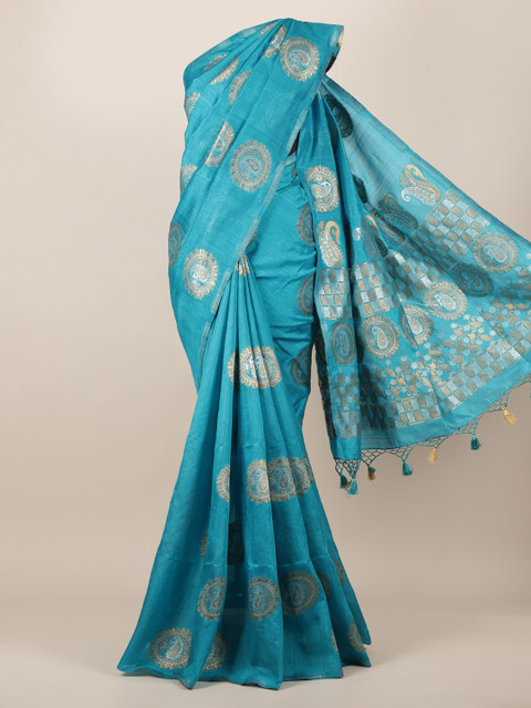 

Pothys Blue & Gold-Toned Jute Silk Woven Design Saree