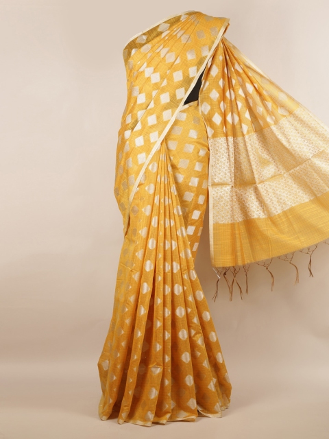 

Pothys Yellow & Silver-Toned Cotton Blend Woven Design Saree With Zari Border