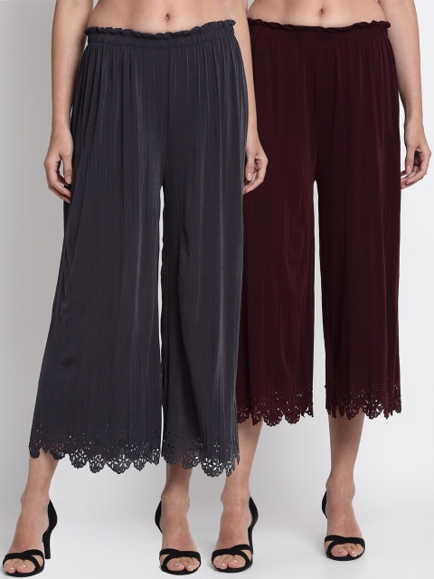 

NEUDIS Women Pack Of 2 Solid Wide Leg Palazzos, Burgundy