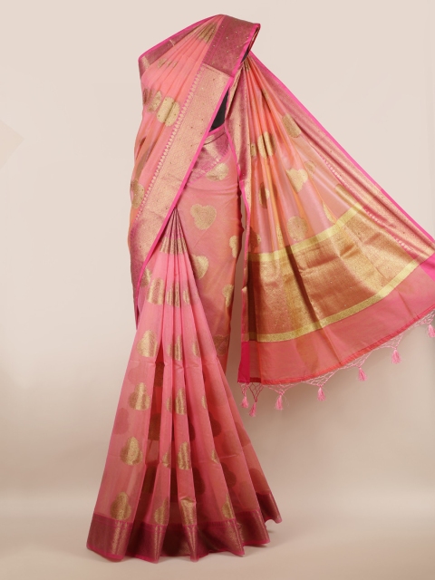 

Pothys Peach-Coloured & Gold-Toned Cotton Blend Woven Design Saree
