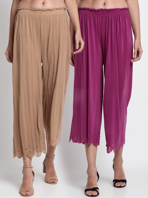 

NEUDIS Women Pack Of 2 Hem Design Wide Leg Palazzos, Beige