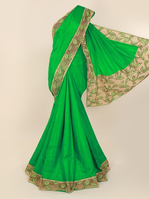 

Pothys Green & Beige Silk Blend Solid Saree