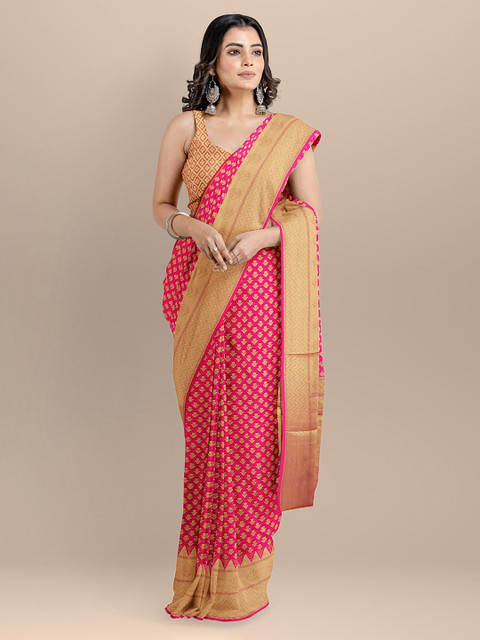 

BharatSthali Pink & Gold-Toned Silk Cotton Woven Design Banarasi Saree