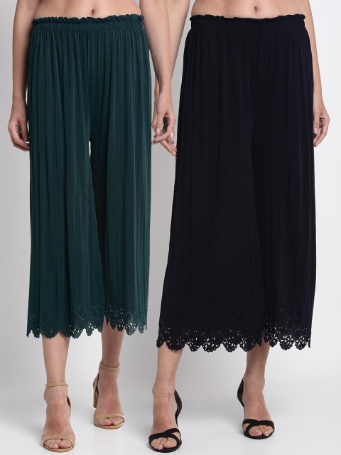 

NEUDIS Women Green & Navy Blue Hem Design Straight Palazzos