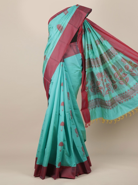 

Pothys Turquoise Blue & Maroon Silk Cotton Printed Saree With Tasseled Pallu