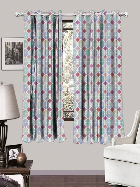 

HOUZZCODE White & Blue Set of 2 Printed Black Out Window Curtains