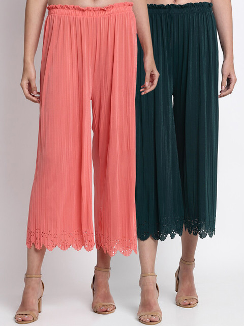 

NEUDIS Women Pack Of 2 Hem Design Wide Leg Palazzos, Green