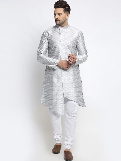 

TREEMODA Men Grey & White Woven Design Brocade Kurta with Churidar