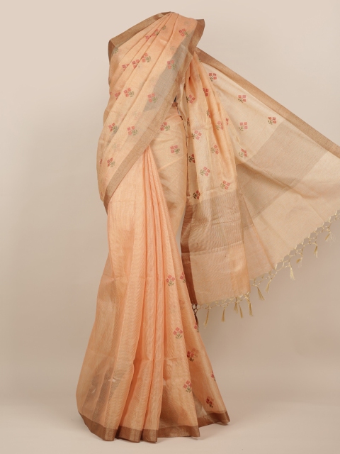 

Pothys Peach-Coloured Woven Design Tissue Saree With Tasseled Pallu