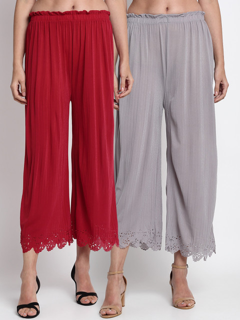 

NEUDIS Women Maroon & Grey Hem Design Straight Palazzos