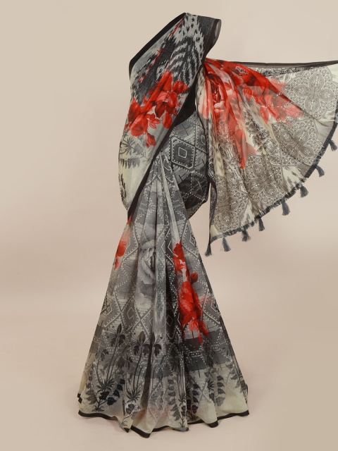 

Pothys Grey Cotton Blend Printed Chanderi Saree
