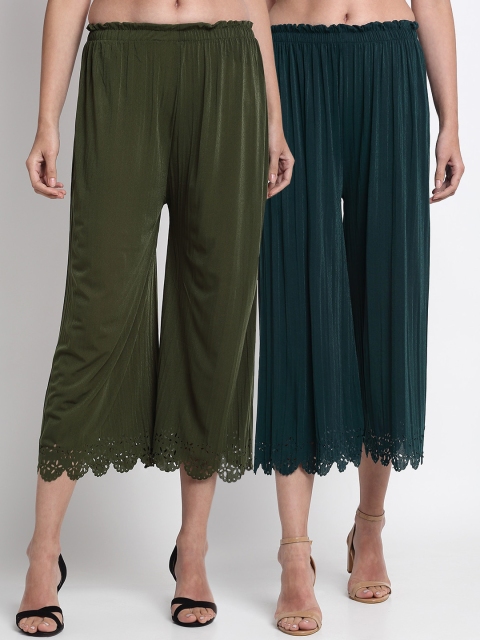 

NEUDIS Women Pack Of 2 Green Solid Wide Leg Palazzos