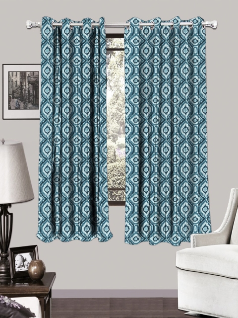 

HOUZZCODE Blue & White Set of 2 Printed Black Out Window Curtains