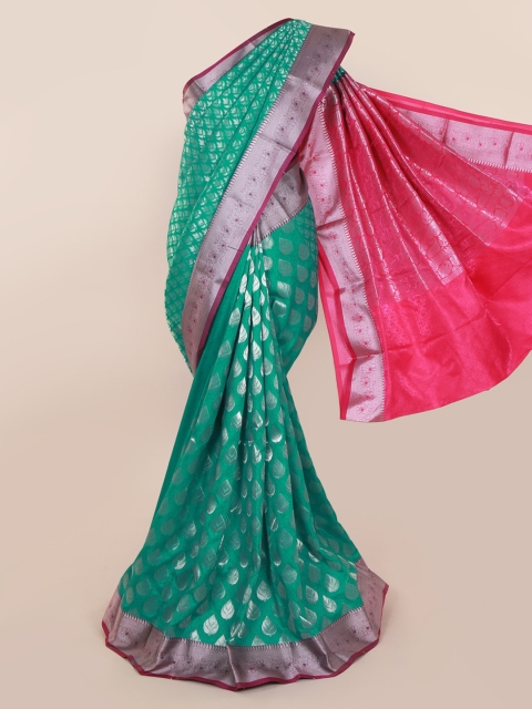 

Pothys Sea Green & Silver-Toned Art Silk Woven Design Saree With Zari Border