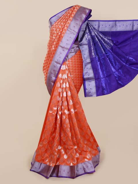 

Pothys Orange & Silver-Toned Art Silk Woven Design Saree With Zari Border