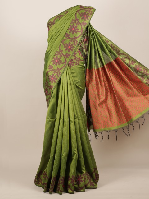 

Pothys Green Solid Jute Silk Saree