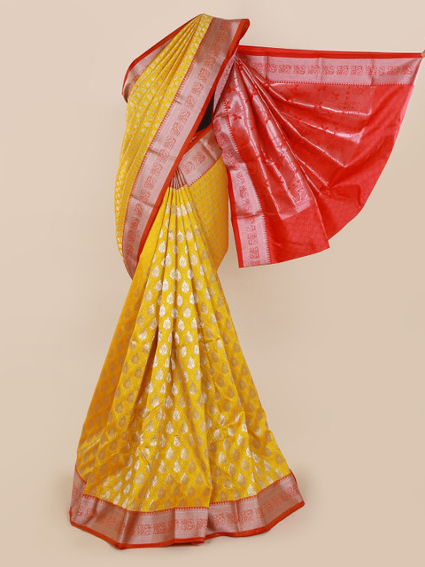 

Pothys Yellow & Silver-Toned Art Silk Woven Design Saree
