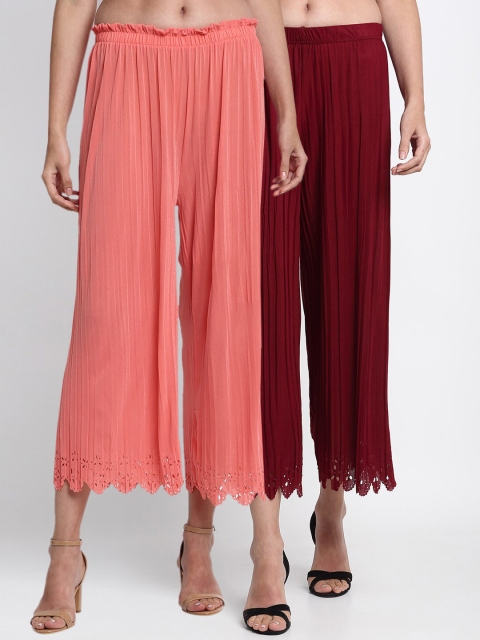 

NEUDIS Women Pack of 2 Maroon & Peach-Coloured Solid Wide Leg Palazzos