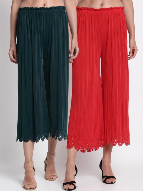 

NEUDIS Women Green & Red Hem Design Straight Palazzos