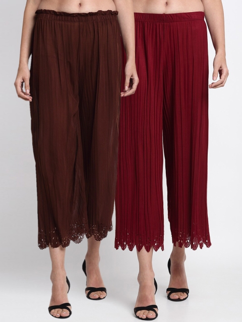 

NEUDIS Women Maroon & Brown Hem Design Straight Palazzos