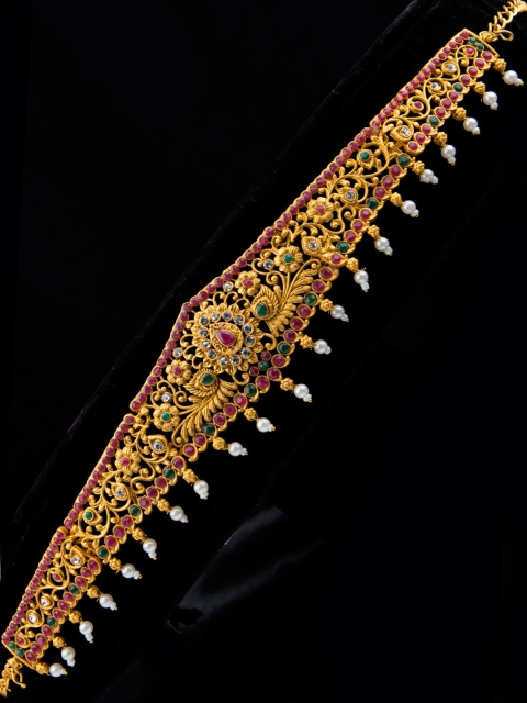 

Alankruthi Gold-Plated Pink & Green Cubic Zirconia Studded Beaded Floral Design Kamarbandh
