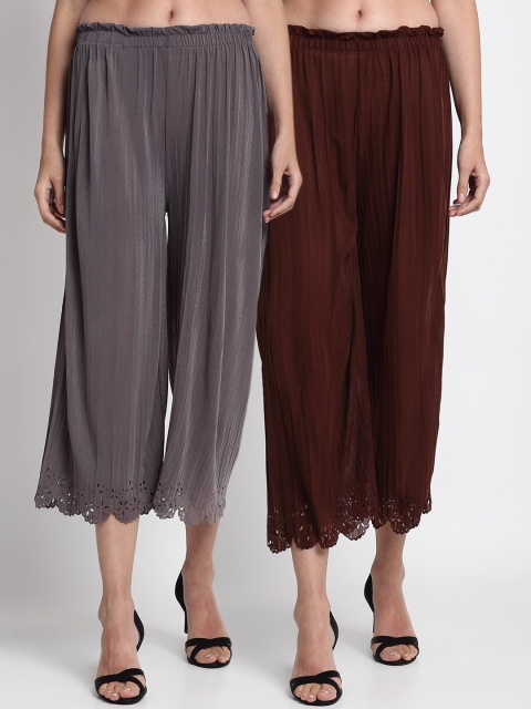 

NEUDIS Women Grey & Brown Hem Design Straight Palazzos