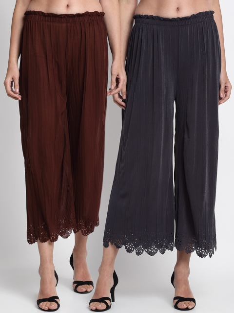 

NEUDIS Women Brown & Grey Hem Design Straight Palazzos