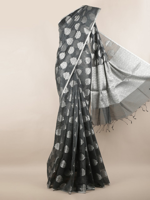 

Pothys Charcoal Grey & Silver-Toned Cotton Blend Woven Design Saree