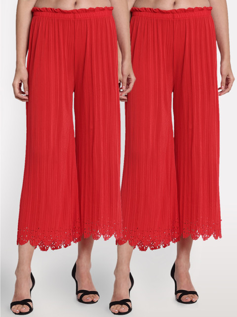 

NEUDIS Women Red Hem Design Straight Palazzos