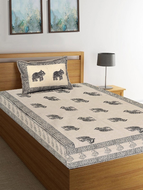 

Tistabene Beige & Black Ethnic Motifs 180 TC Cotton 1 Single Bedsheet with 1 Pillow Cover
