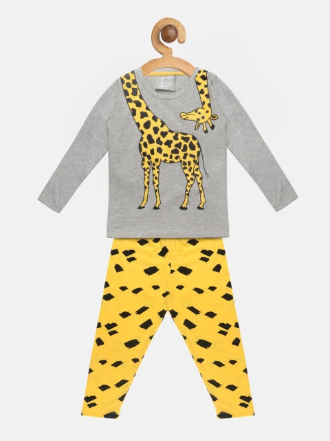 

Lazy Shark Girls Grey Melange & Yellow Printed Night suit