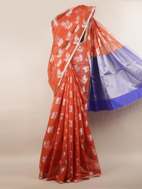 Pothys Orange & Silver-Toned Cotton Blend Woven Design Saree