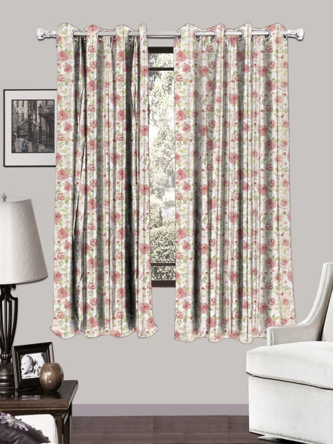 

HOUZZCODE White & Green Set of 2 Floral Printed Black Out Window Curtains
