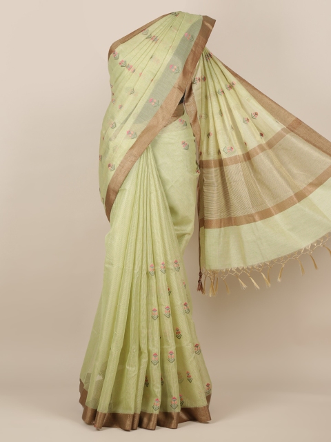 

Pothys Green & Gold-Toned Tissue Embroidered Saree