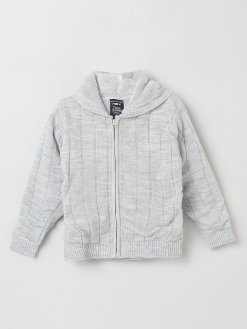 

max Boys Grey Solid Cardigan Sweater