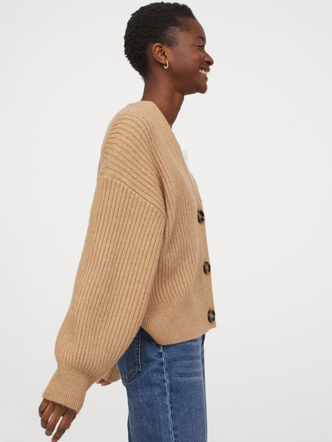 

H&M Women Beige Rib-Knit Sustainable Cardigan