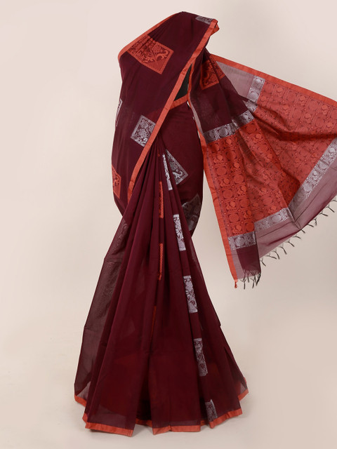 

Pothys Maroon & Silver-Toned Pure Cotton Woven Design Saree