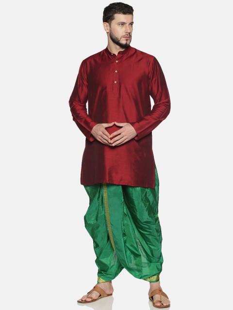 

TATTVA Men Maroon & Green Solid Kurta with Dhoti Pants