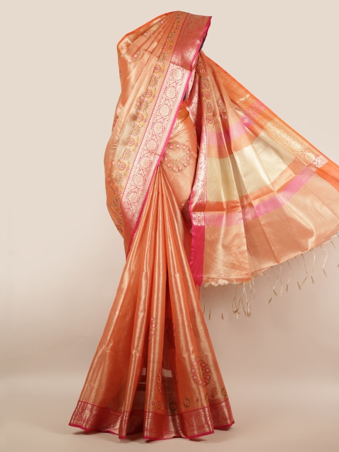 

Pothys Orange & Gold-Toned Tissue Woven Design Saree With Zari Border