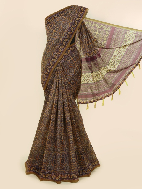 

Pothys Olive Green Cotton Blend Printed Chanderi Saree