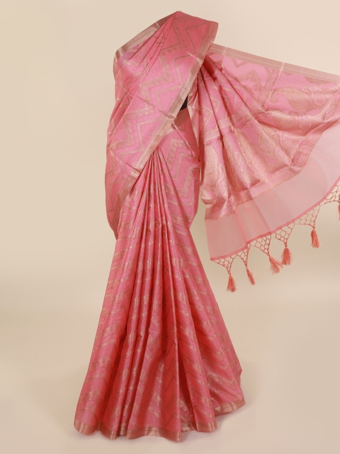 

Pothys Pink & Gold-Toned Cotton Blend Woven Design Saree With Tasseled Pallu
