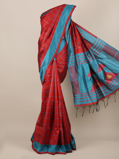 

Pothys Maroon & Turquoise Blue Jute Silk Checked Saree