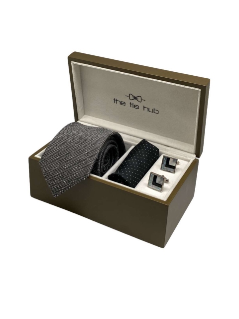

The Tie Hub Men Silk Necktie with Pocket Square and MOP Cufflink Gift Set, Grey