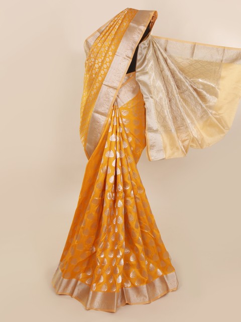 

Pothys Yellow & Silver-Toned Art Silk Woven Design Saree